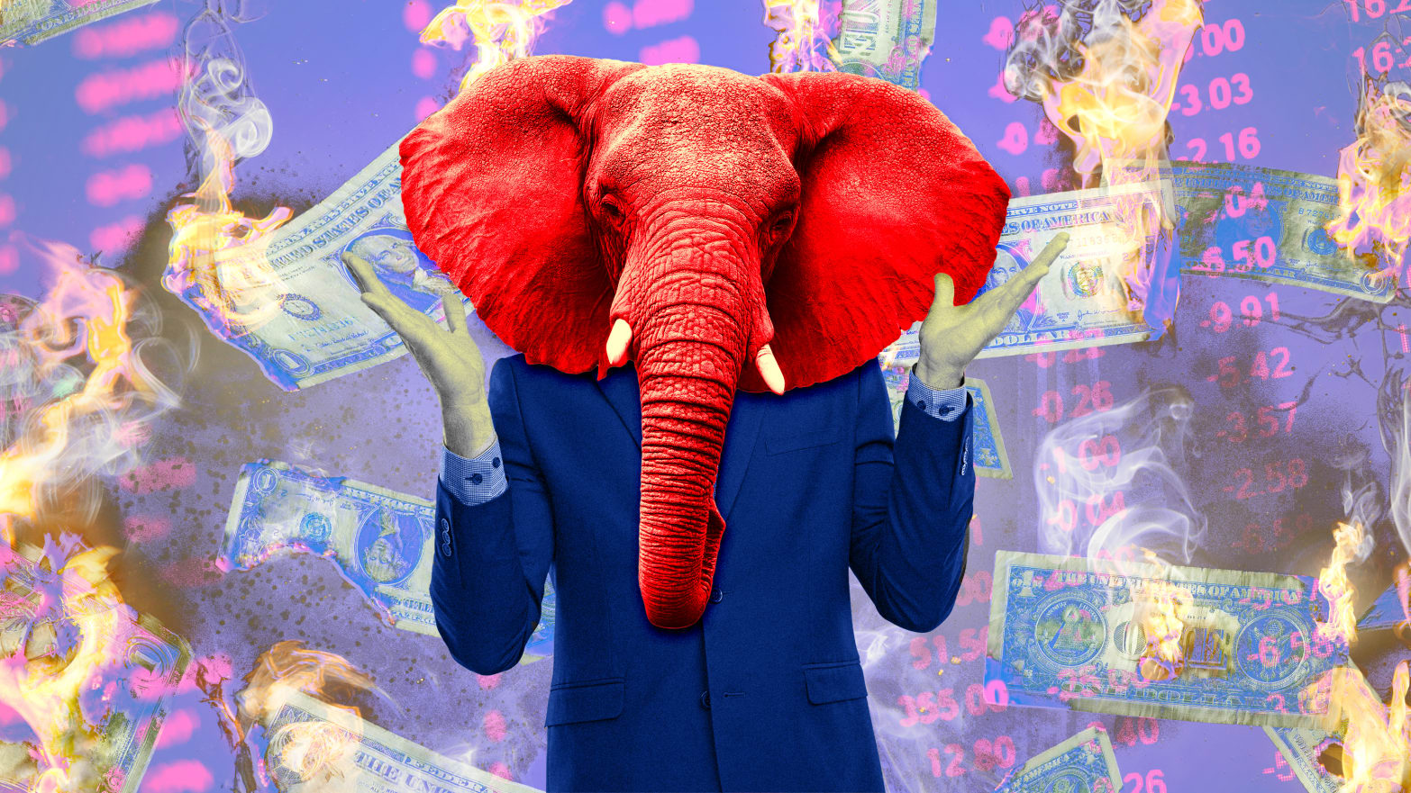 A photo illustration of a red elephant in a suit, burning money, and crashing stocks. 