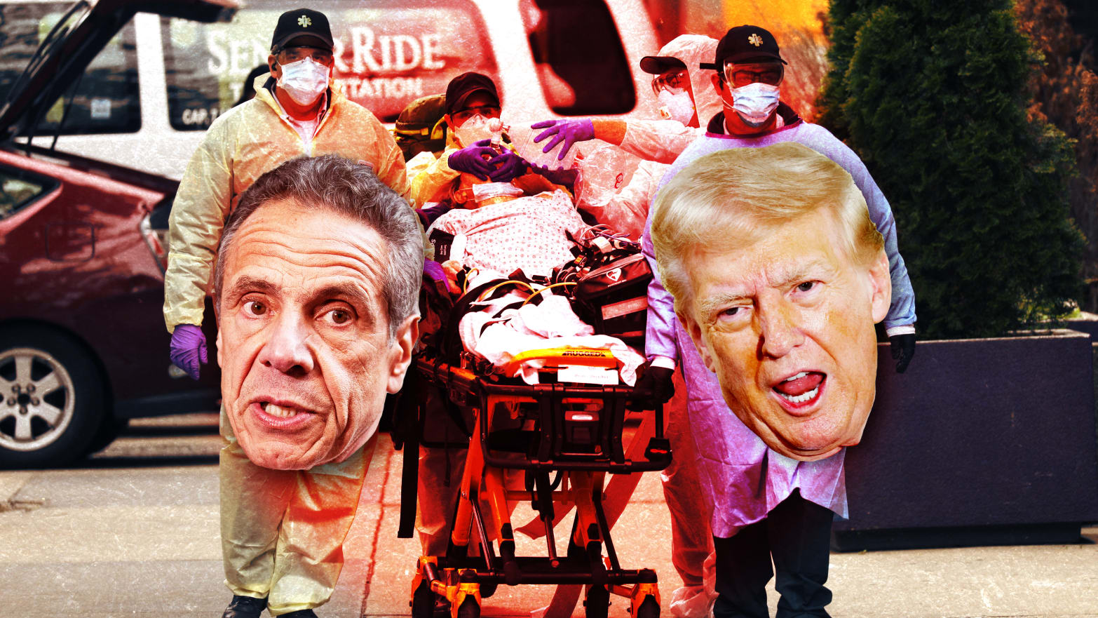 A photo illustration of Andrew Cuomo, Donald Trump, and a Covid patient being hospitalized in 2020.