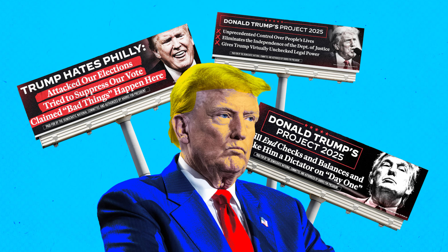 Donald Trump appears in this photo illustration surrounded by anti-Trump billboards.