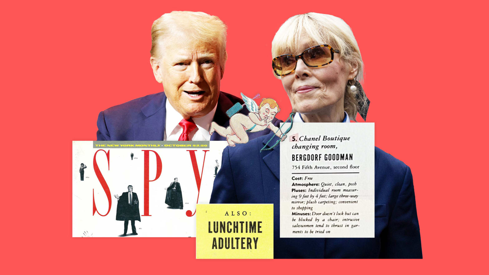 A photo illustration of Donald Trump and E. Jean Carroll and Spy Magazine.