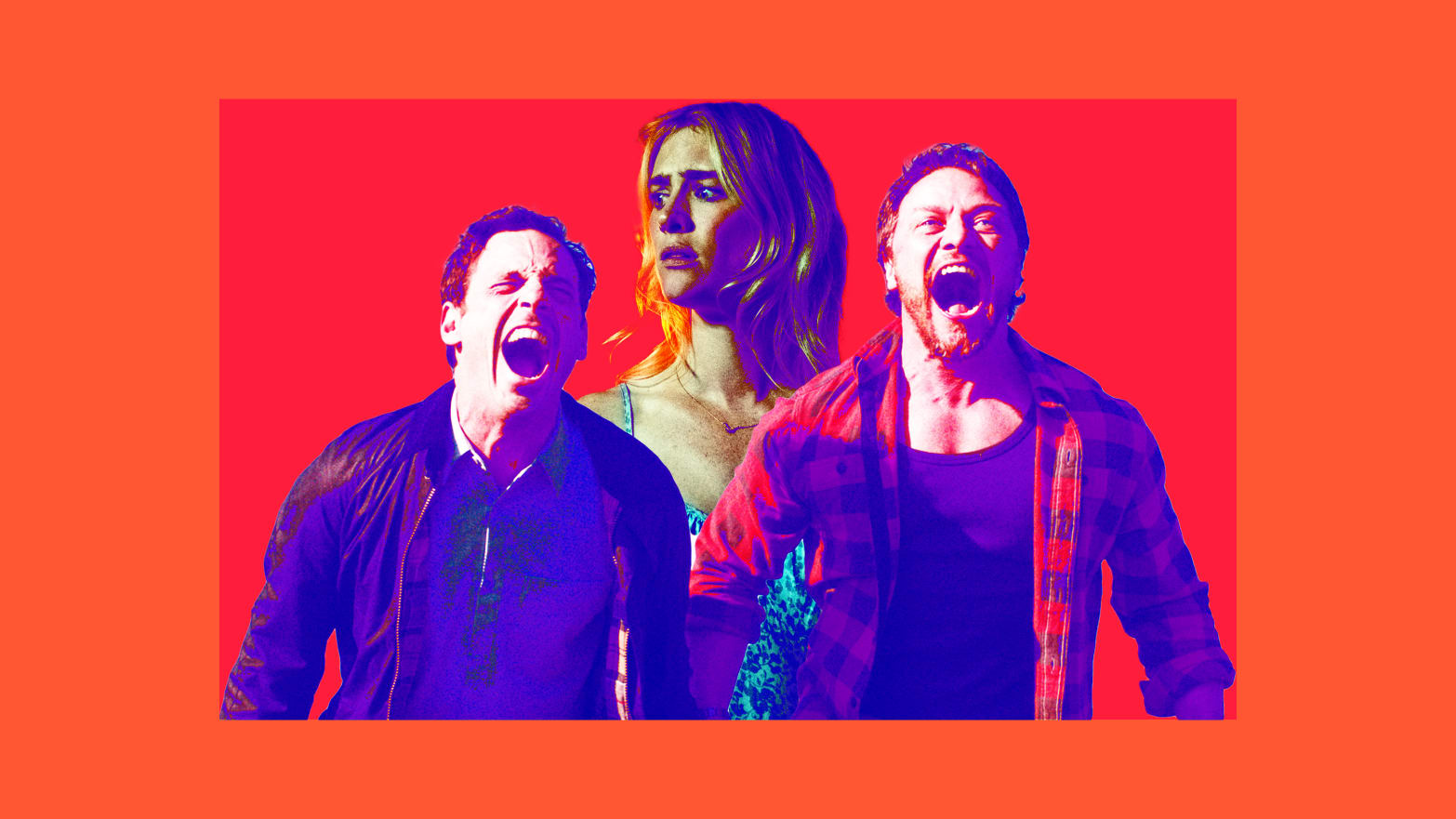 A photo illustration of Scoot McNairy, Mackenzie Davis, and James McAvoy in Speak No Evil.