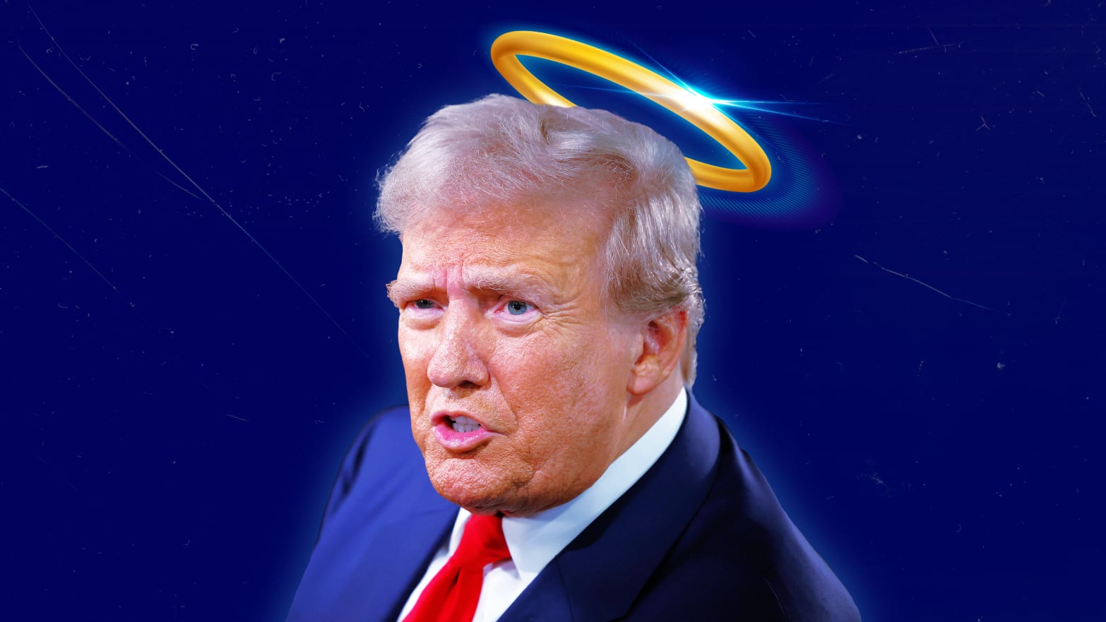 A photo illustration of Donald Trump with a halo above his head.