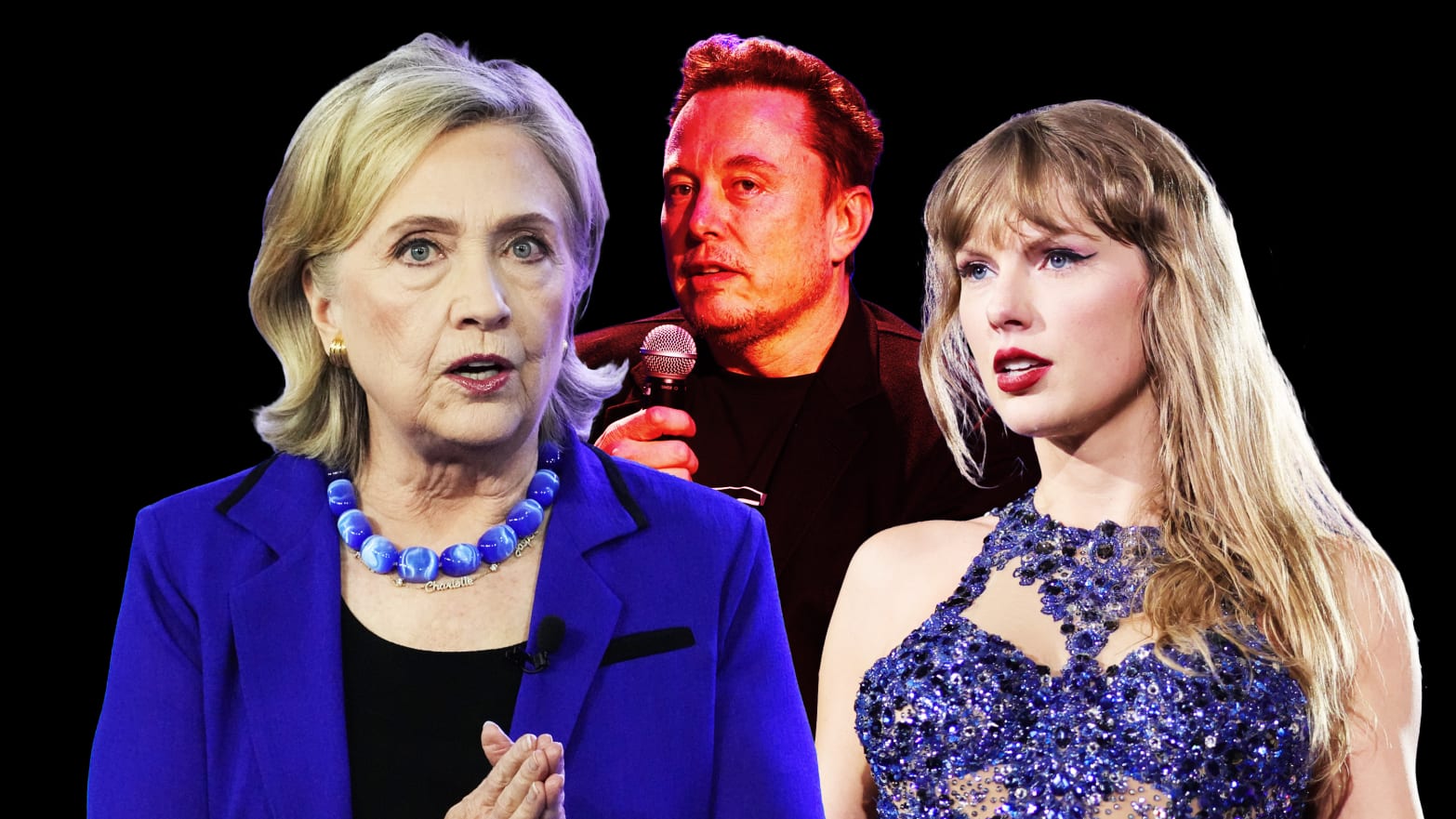 A photo illustration of Hillary Clinton, Elon Musk, and Taylor Swift