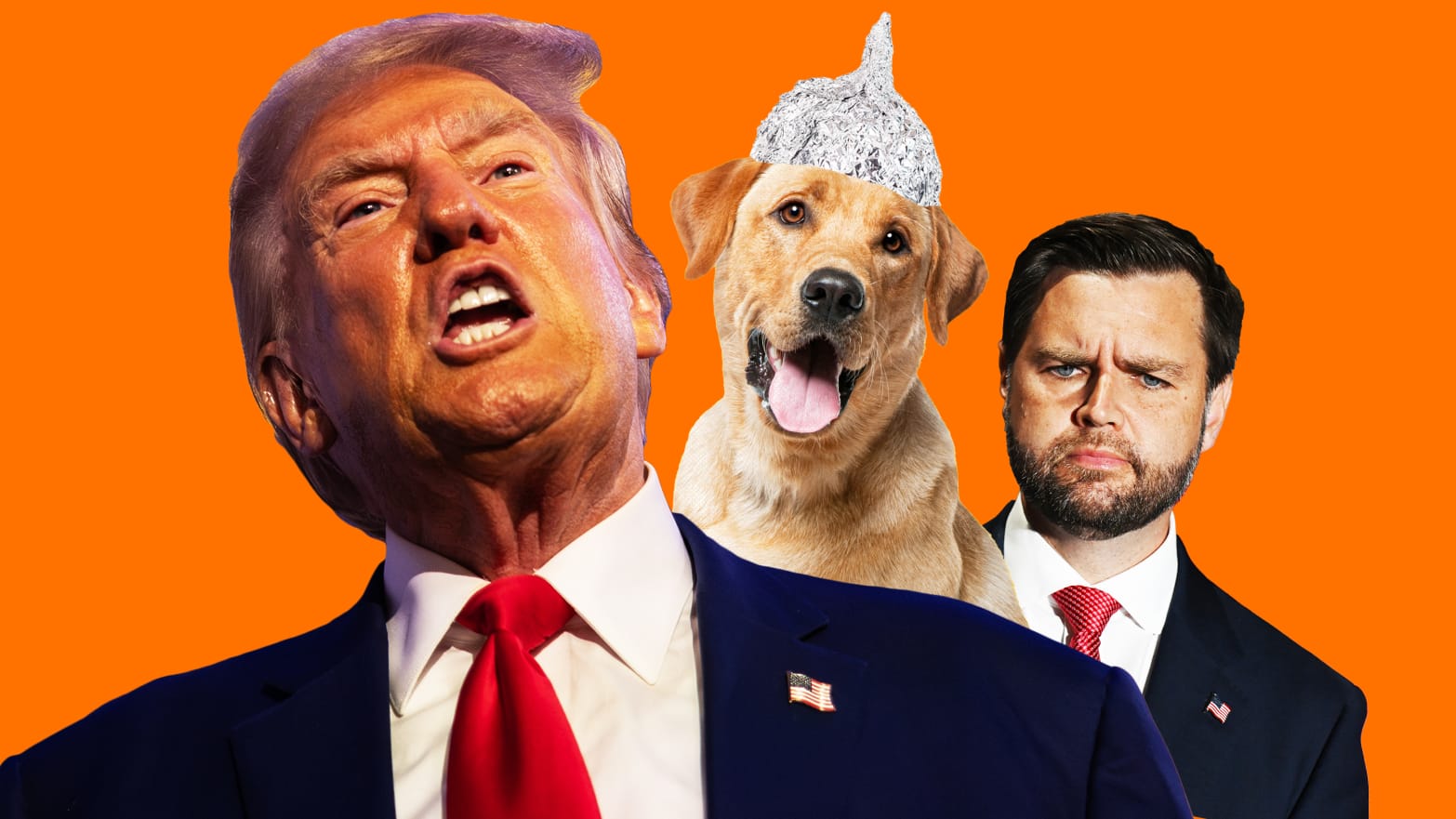 Photo Illustration of Donald Trump, JD Vance and an innocent dog.