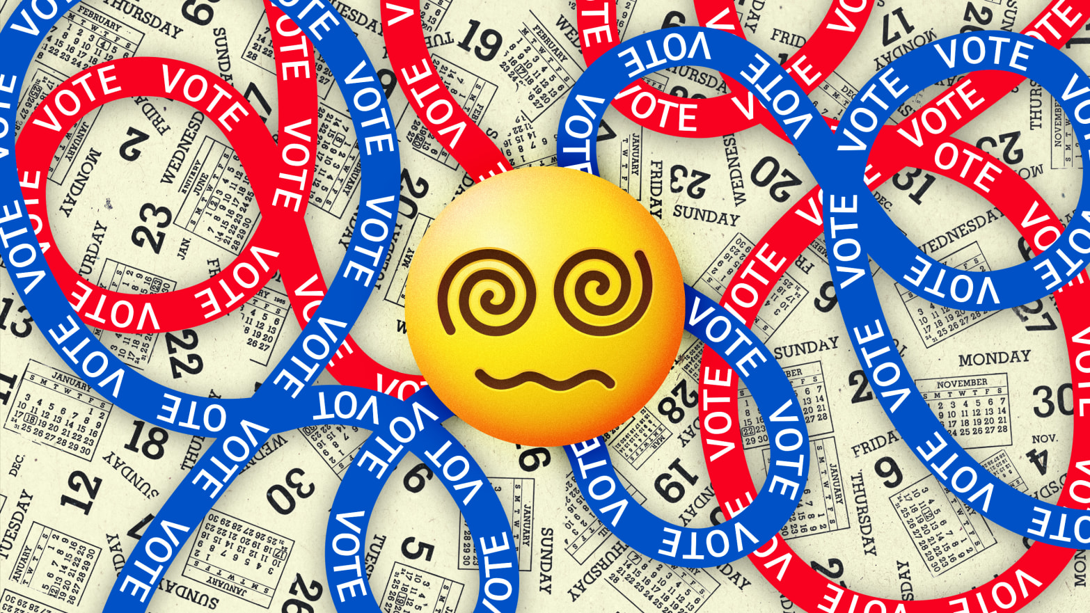 A photo illustration of a face with squiggly eyes, calendars, and spirals with vote.