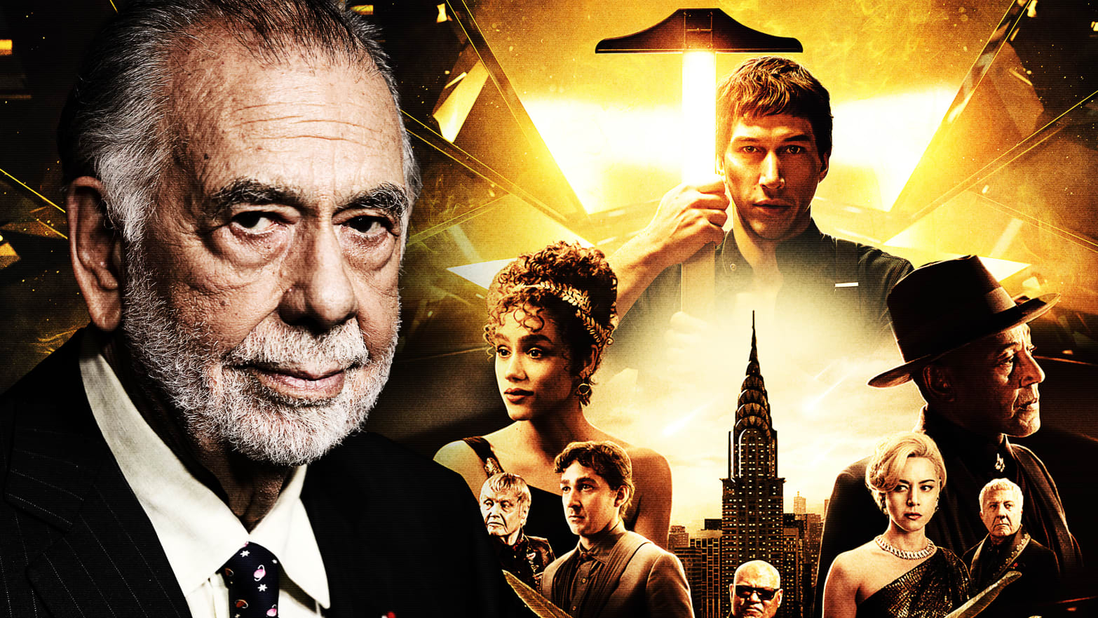 Photo illustrated collage of Francis Ford Coppola and his film "Megalopolis"