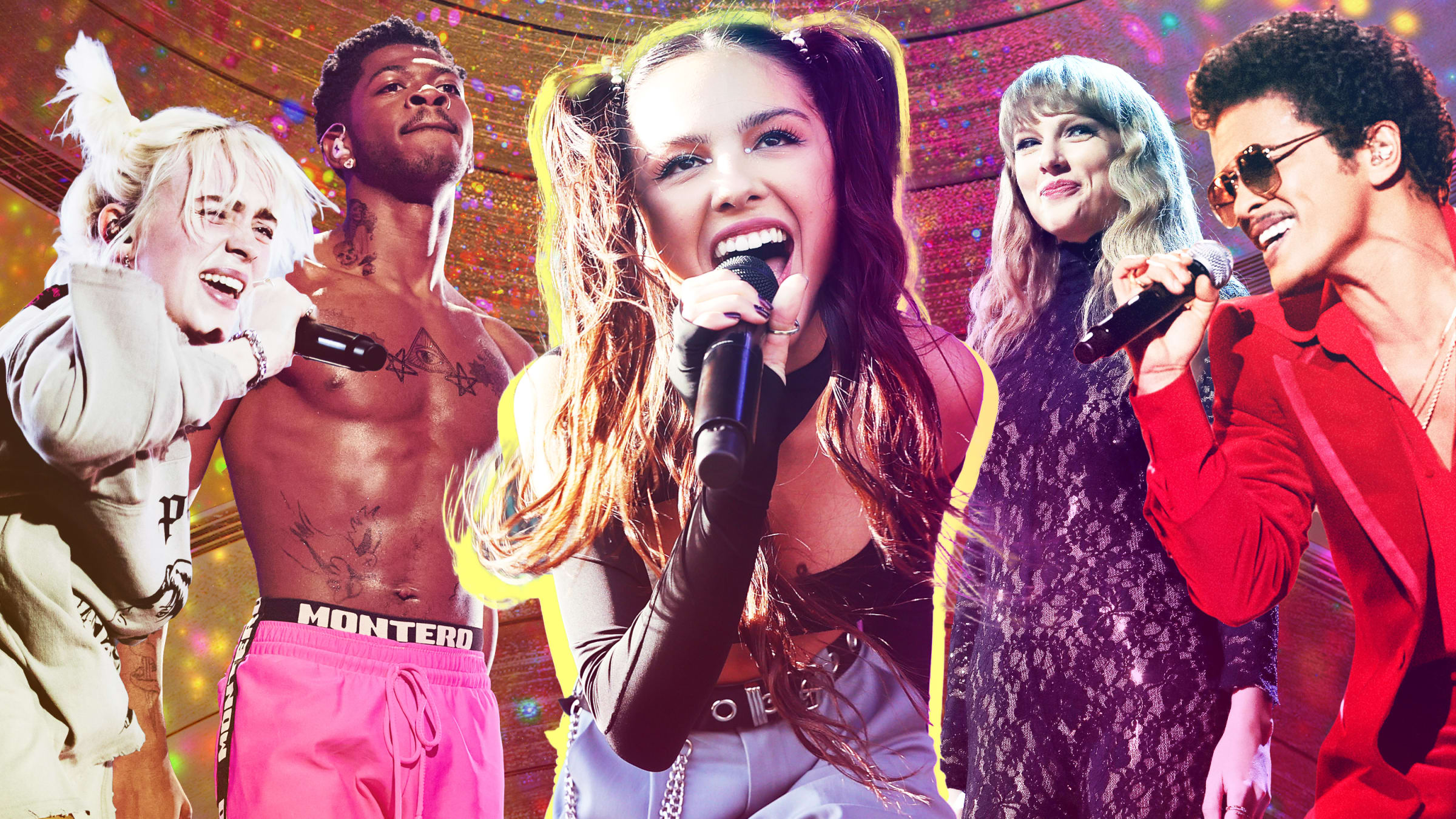 The 2022 Grammy Awards nominees, including Billie Eilish, Lil Nas X, Olivia Rodrigo, Taylor Swift and Bruno Mars.