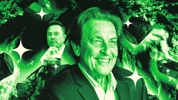 A gif of Errol and Elon Musk in a mine with emeralds sparkling all around them 