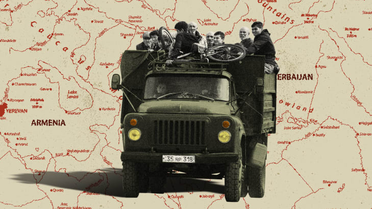 Photo illustration of a truck carrying refugees from Azerbaijan toward Armenia on top of a map of the two countries