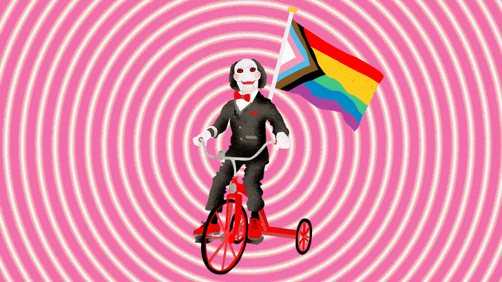 An illustration of Jigsaw on his tricycle with a pride flag on it
