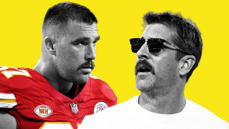 An illustration including a photo of Aaron Rodgers and Travis Kelce