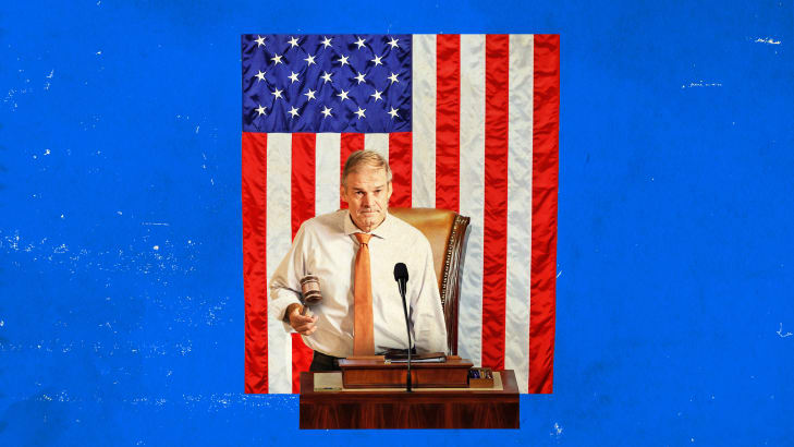 A photo illustration of Jim Jordan as speaker of the house, behind a podium with a gavel in hand