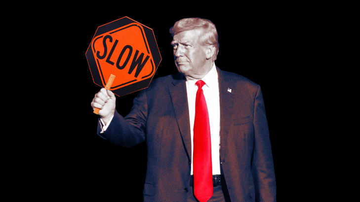 A photo illustration of former President Donald Trump holding up a Slow sign.