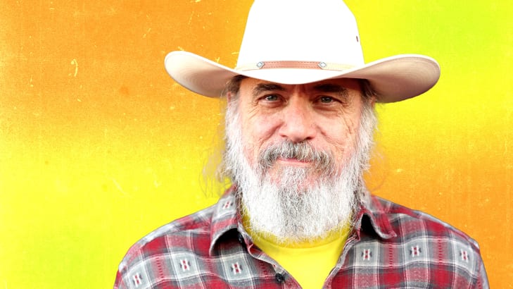 Photo illustration of Larry Charles on a yellow and orange background.