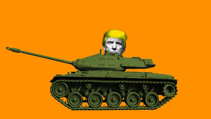 Photo illustration of Donald Trump coming out of a military tank