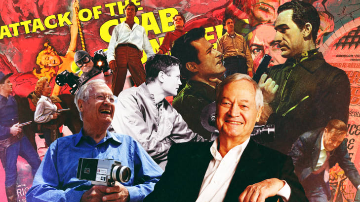 A photo illustration of director Roger Corman and various scenes and posters of his films.