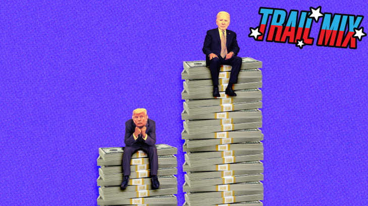 alt txt: A photo illustration of former President Donald Trump and President Biden sitting on stacks of money.