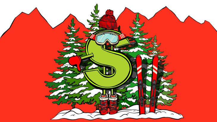 Illustration of a dollar sign with ski boots, goggles, and beanie hat with a thumbs down and skis in snow in front of a tree background.
