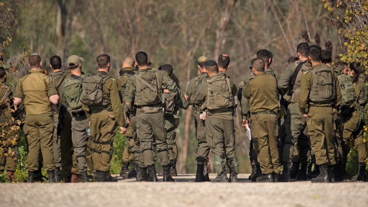 Israeli soldiers patrol in a location near the border with Lebanon on February 11, 2024 in Northern Israel, Israel.