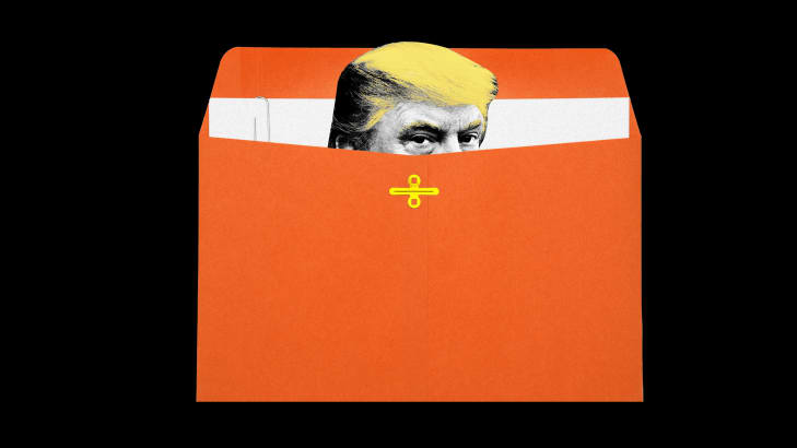 An illustration including a photo of former U.S. President Donald Trump and a manilla envelope