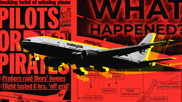 A photo illustration of a Malaysia Airlines plane in front of sensationalist headlines about the disappearance of flight MH370