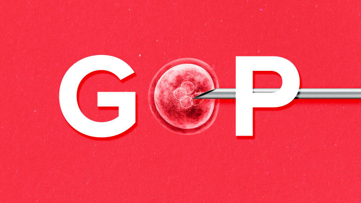 A photo illustration of the GOP letters, an embryo, and IVF needle.