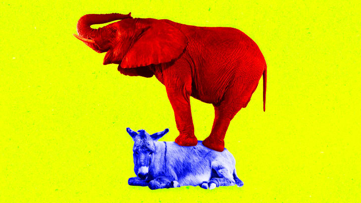 A photo illustration of an elephant standing on top of a donkey.