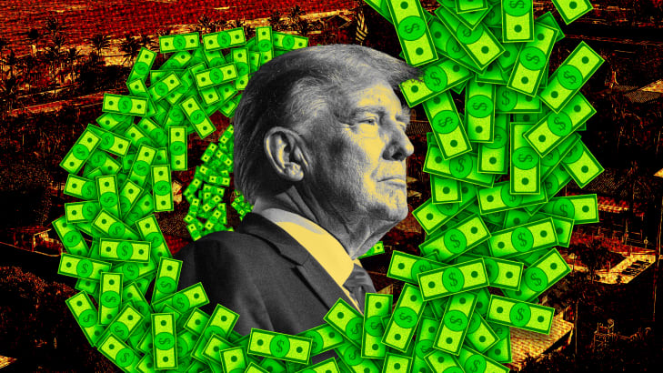A photo illustration of former President Donald Trump and money swirling around him.