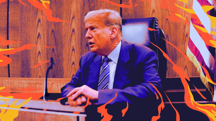 A photo illustration of former President Donald Trump in a courtroom.