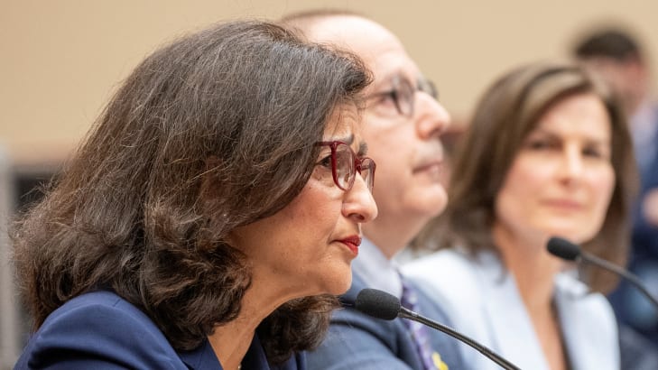 A photo of Columbia University President Minouche Shafik and other administrators from the Ivy League school during a House Education and the Workforce Committee hearing on April 17.