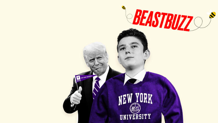 n illustration including former U.S. President Donald Trump and his son Barron Trump wearing or holding NYU Merch