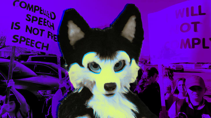 A photo illustration of a furry costume and anti-furry student protest.