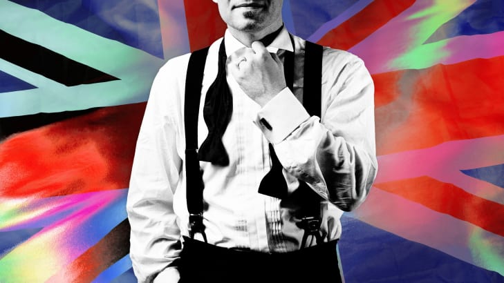 An illustration including a photo of a man in front of a union jack