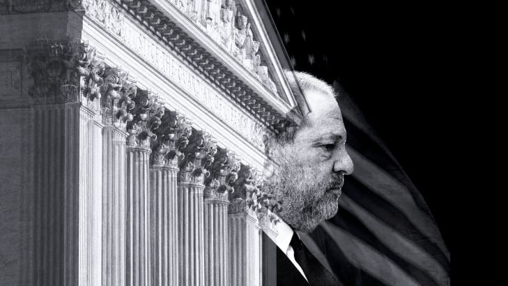 A photo illustration showing Harvey Weinstein, the US Supreme Court and an American flag.