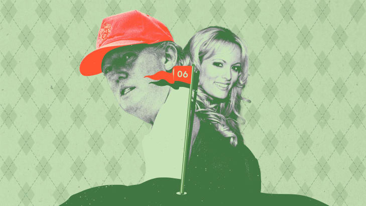 Photo illustration of Donald Trump and Stormy Daniels on a green background
