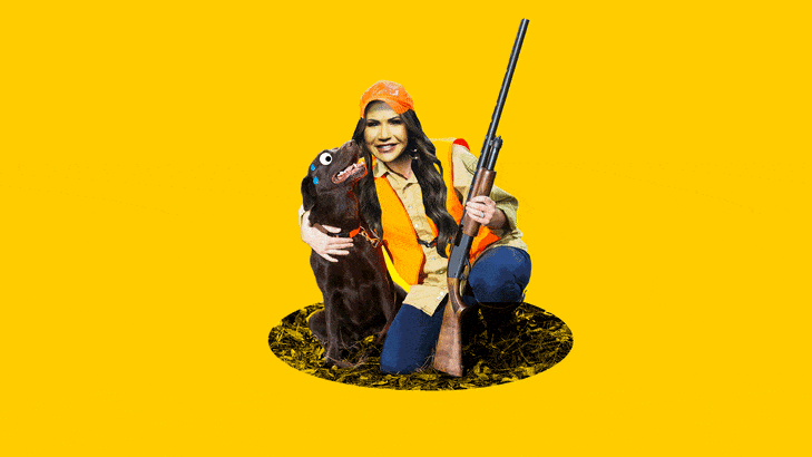 A photo illustration gif of Kristi Noem holding a gun and hugging a dog