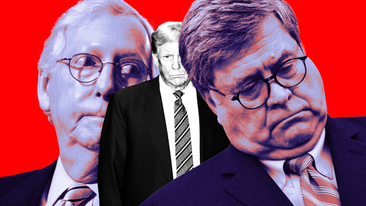 A photo illustration of Mitch McConnell, Donald Trump, and Bill Barr.