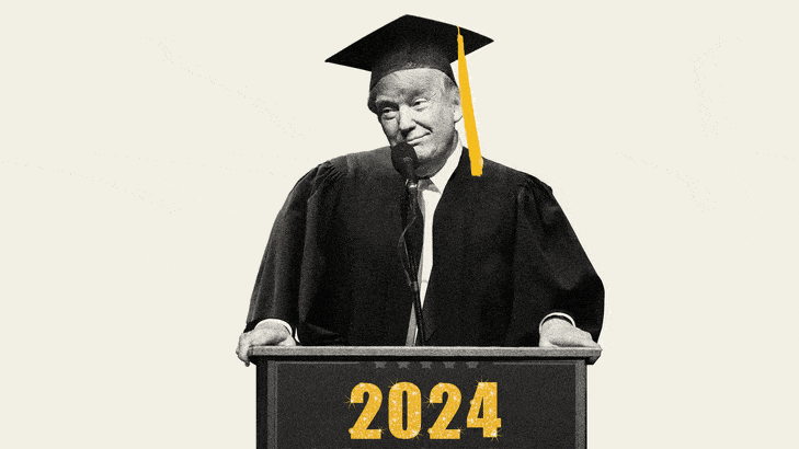 Illustrative gif of Donald Trump at a podium speaker wearing graduation robes with his head moving