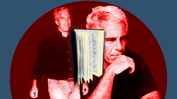 A photo illustration of Jeffrey Epstein and his black book up for auction.