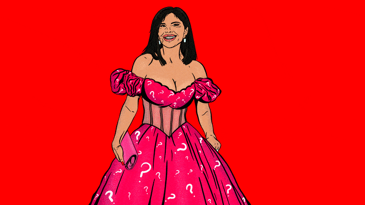 Illustrative gif of Lauren Sanchez wearing a ballgown with question marks all over it changing colors