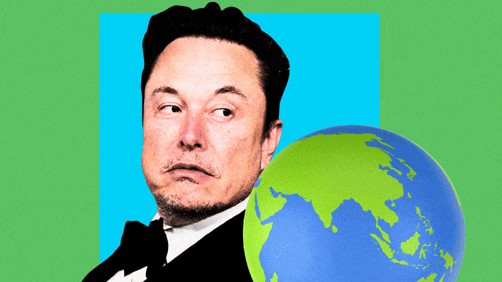 A photo illustration showing Elon Musk glancing over at a rotating globe.
