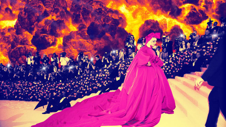A photo illustration of Lady Gaga walking into the Met Gala.