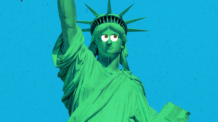 An animation of the Statue of Liberty rolling their eyes.