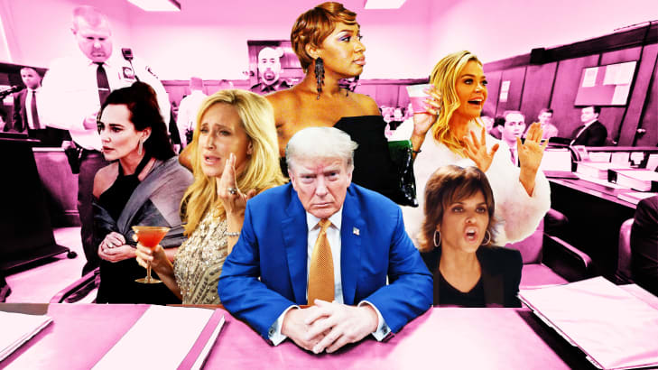 A photo illustration of Donald Trump in court surrounded by Real Housewives