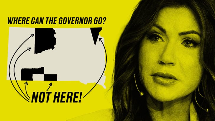 Photo illustration of Governor Kristi Noem and a map of South Dakota where she cannot go