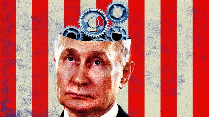 Photo illustration of Vladimir Putin with blue gears coming out of his head on a red and white stripe background
