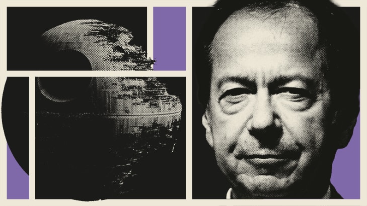 Photo illustration of John Paulson and the Star Wars Death Star on a purple, beige, and grey background