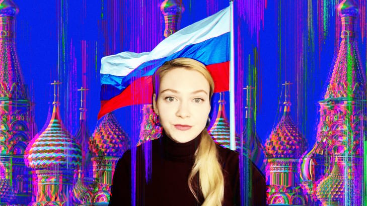 A photo illustration of Mira Terada and the Kremlin, and Russian flag.