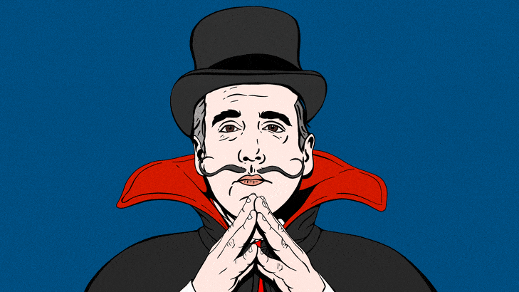 Illustrative gif of Michael Cohen in a villainous outfit with moving hands