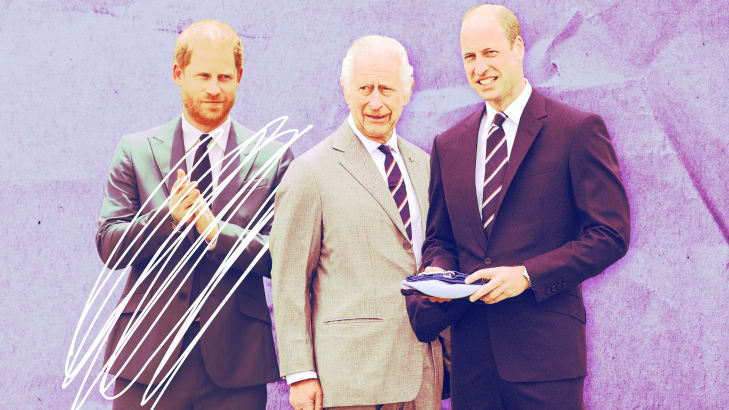 A photo illustration of Prince Harry, King Charles III and Prince William.
